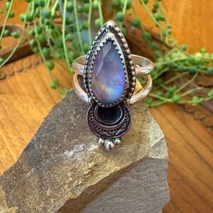 SolMetallum Artisan Teardrop Crescent Moon Aurora Opal Sterling Silver Ring 8